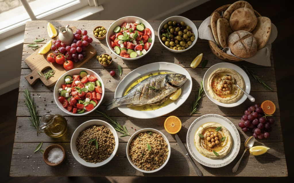 Une table dressée avec des aliments typiques du régime méditerranéen favorable à la longévité.