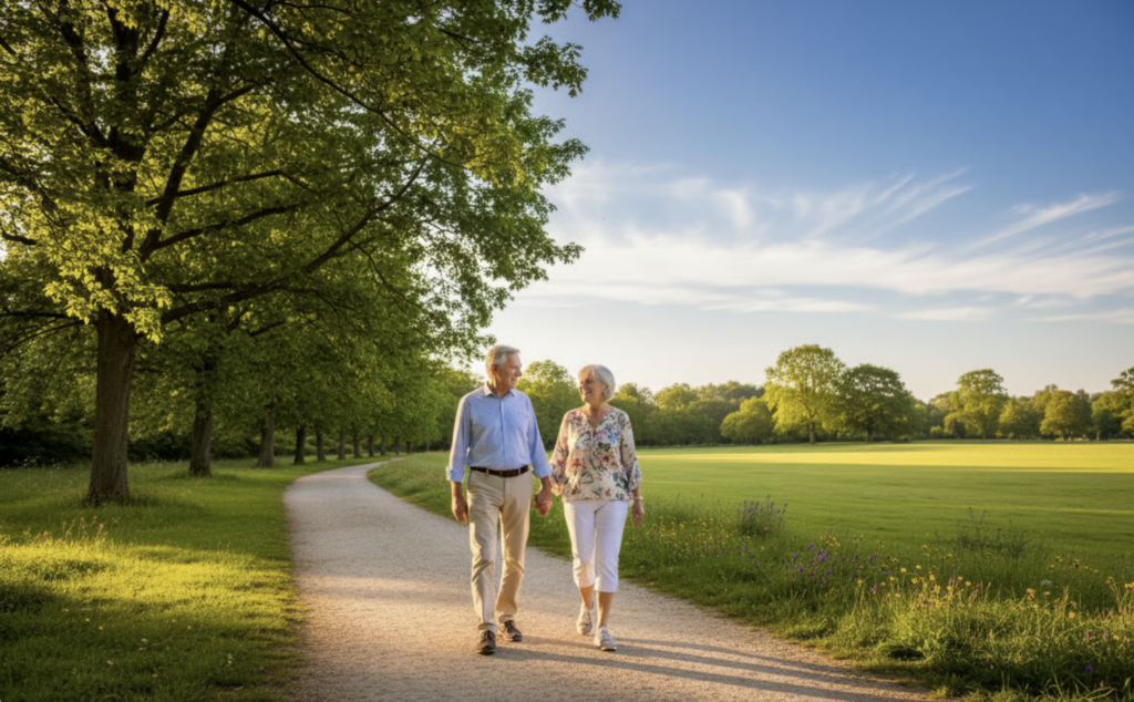 Un couple senior marchant dans un parc, symbole d'un mode de vie actif favorable à la longévité.