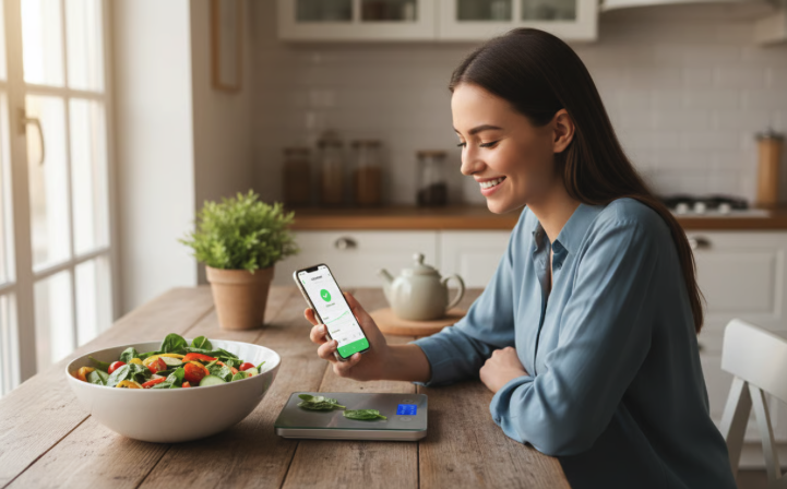 Une personne suivant son apport calorique quotidien à l'aide d'une application dédiée.