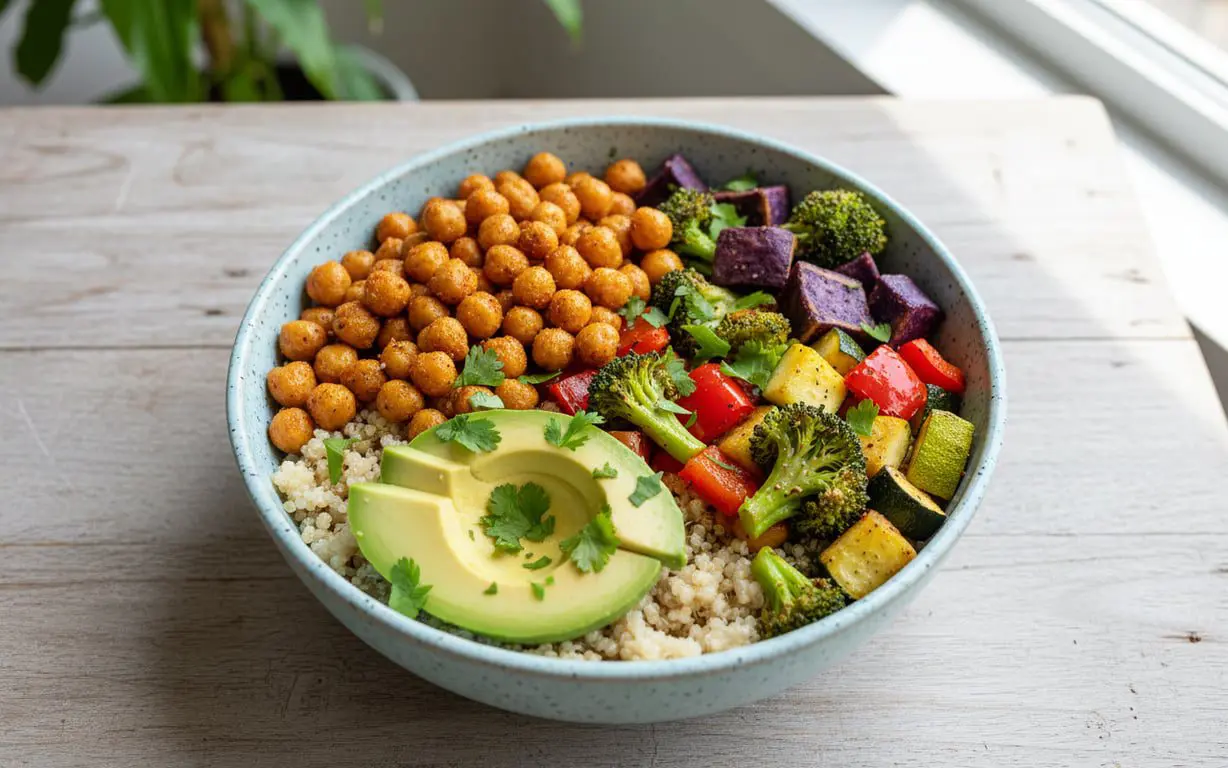 Bowl végétarien coloré avec quinoa, pois chiches, légumes rôtis et herbes fraîches
