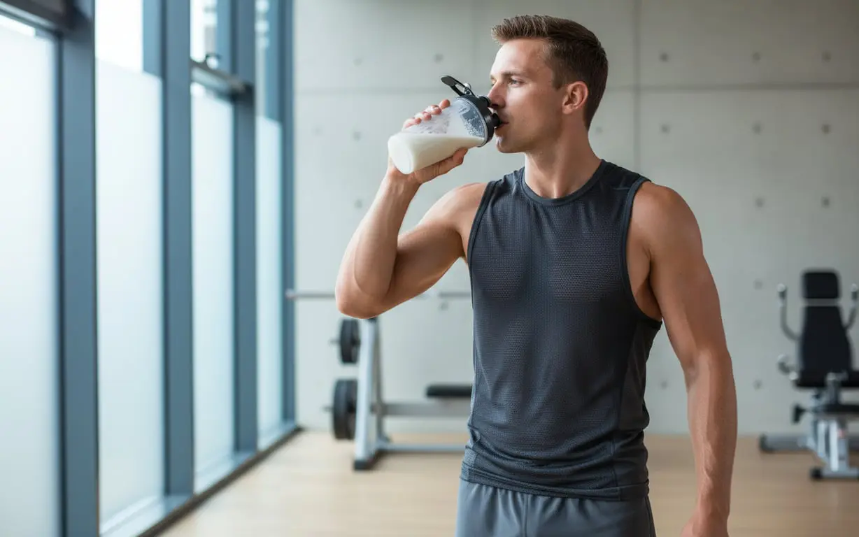 Athlète en phase de sèche buvant un shaker d'acides aminés après l'entraînement