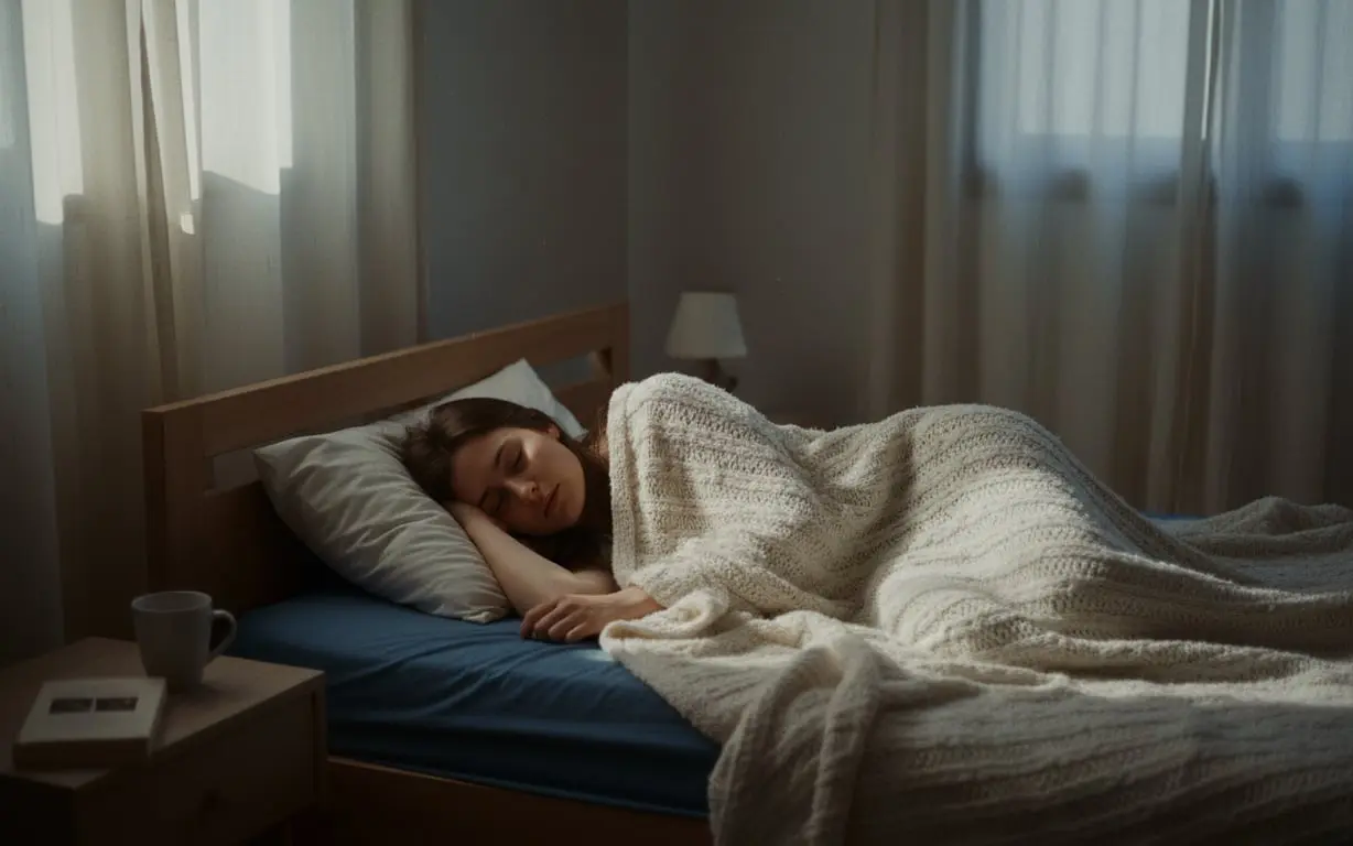 Personne allongée dans son lit en pleine journée avec les volets fermés, épuisée