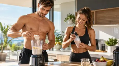 Un homme et une femme mésomorphes préparent un shake protéiné après l'entraînement.