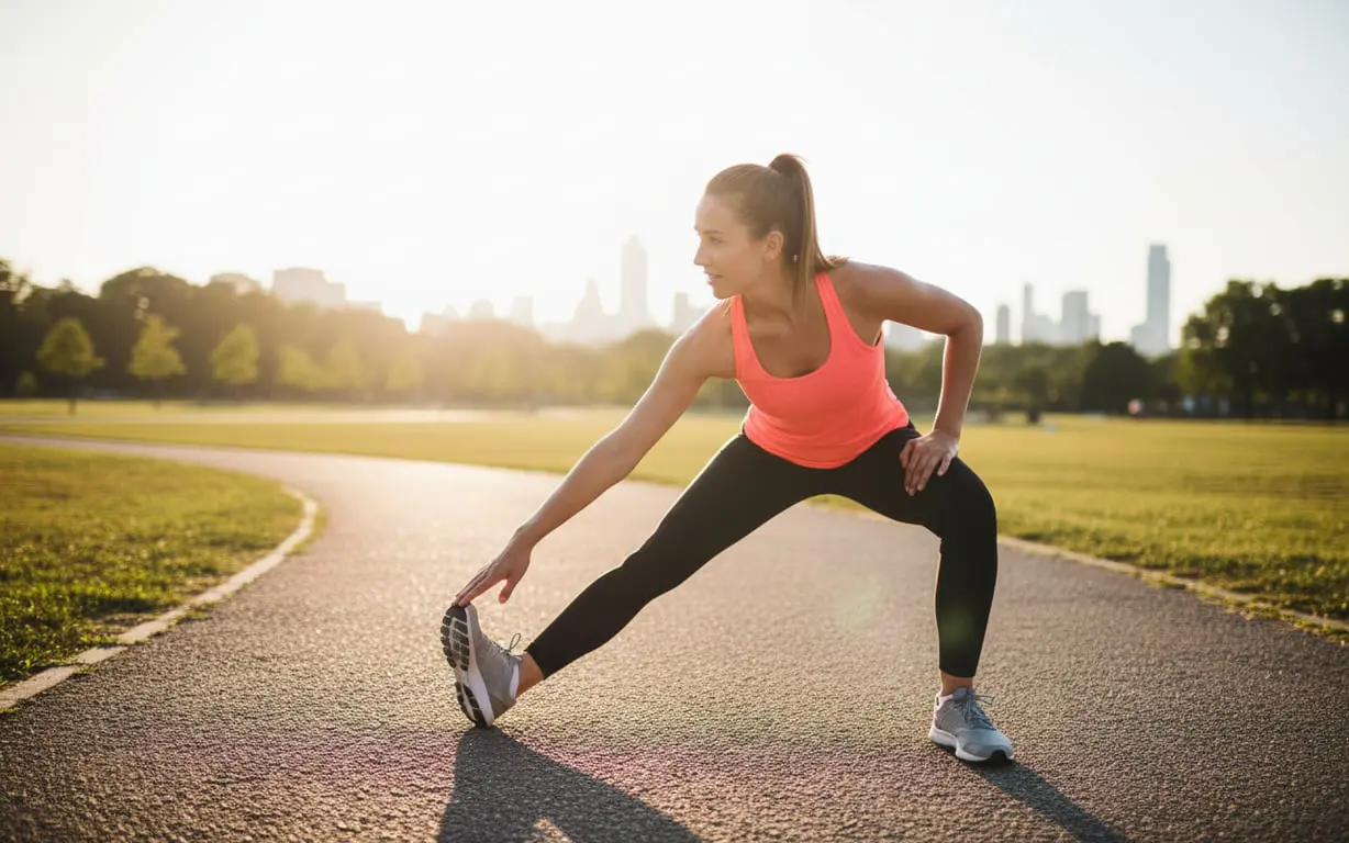 Sportif s'étirant en extérieur après un entraînement, moment de récupération musculaire